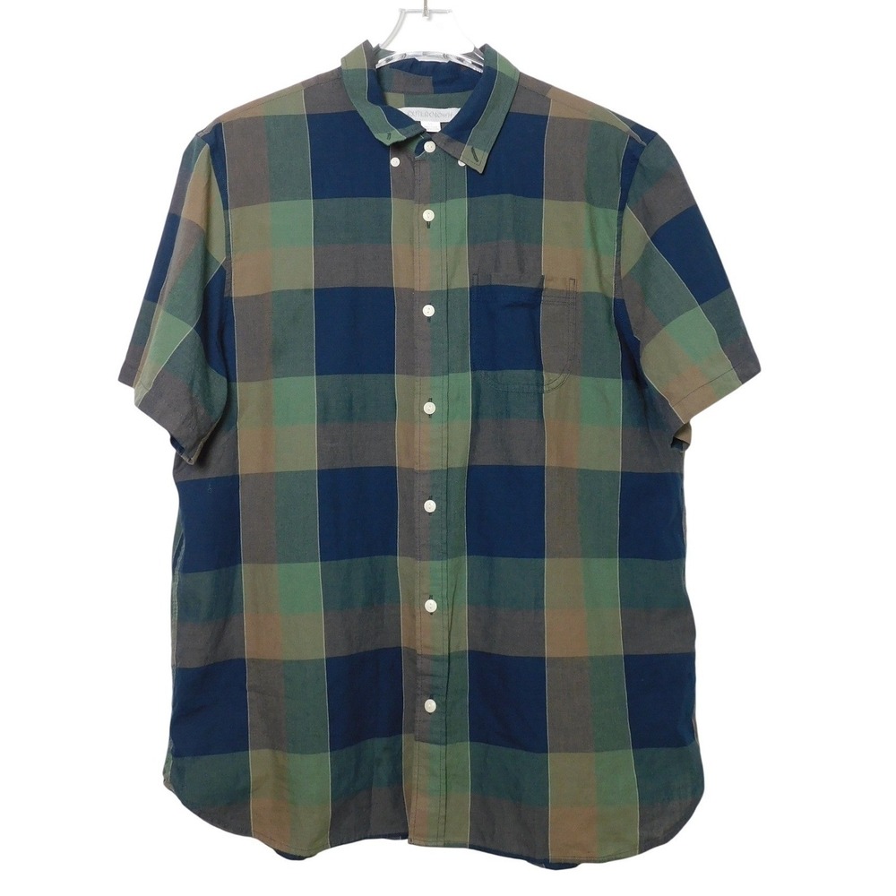 Outerknown Mens Large Organic Cotton Plaid Short Sleeve Button Down Shirt‎ Green